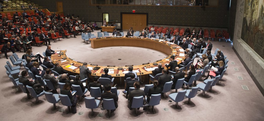 United Nations Special Coordinator for the Middle East Peace Process Nickolay Mladenov, left, addresses a Security Council meeting on the situation in the Middle East at UN HQs, March 24, 2016.