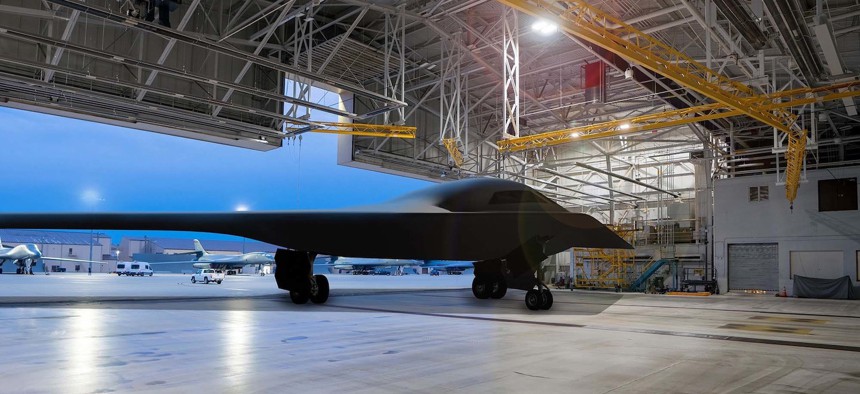 Artist rendering of a B-21 Raider in a hangar at Ellsworth Air Force Base, South Dakota, one of the future bases to host the new airframe. 
